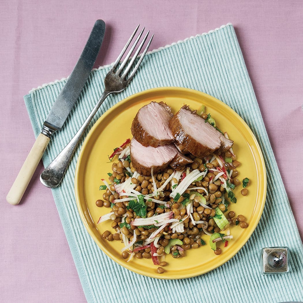 Sweet sticky pork with lentil salad recipe | easyFood