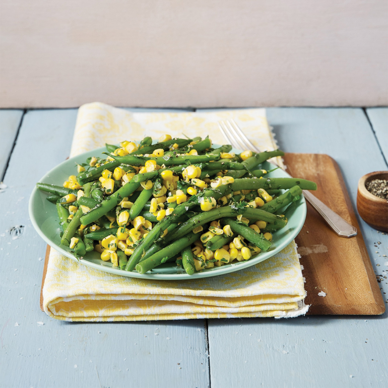 Sweetcorn and green beans with herby butter