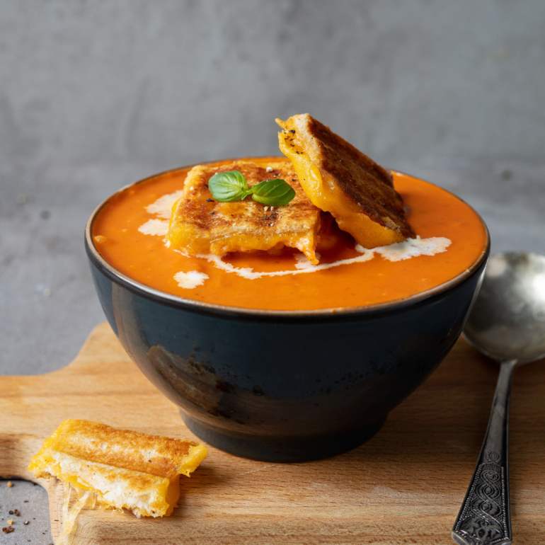 Tomato and basil soup with cheesy croutons
