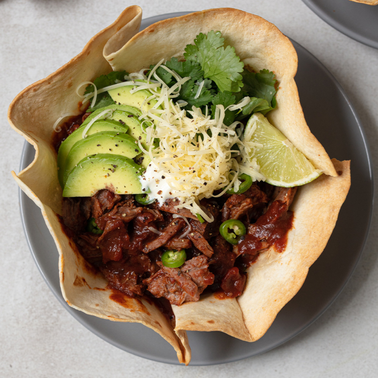Tortilla bowls with  slow-cooked chilli beef