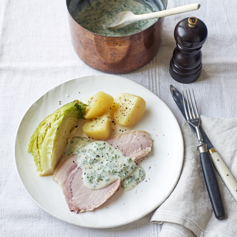 Traditional Irish bacon, cabbage and parsley sauce