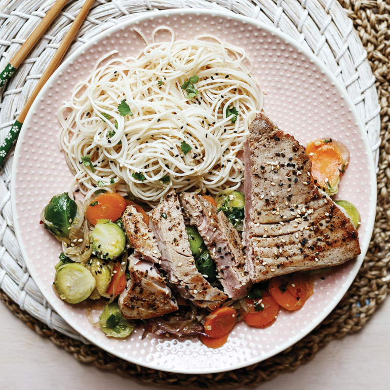 Tuna steaks with sprout stir-fry
