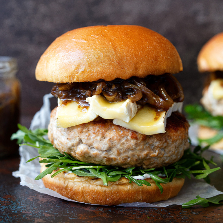 Turkey burgers with stout caramelised onions and Brie