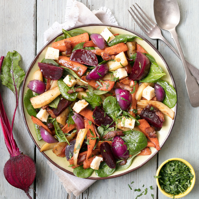 Warm roasted carrot, parsnip and beetroot salad