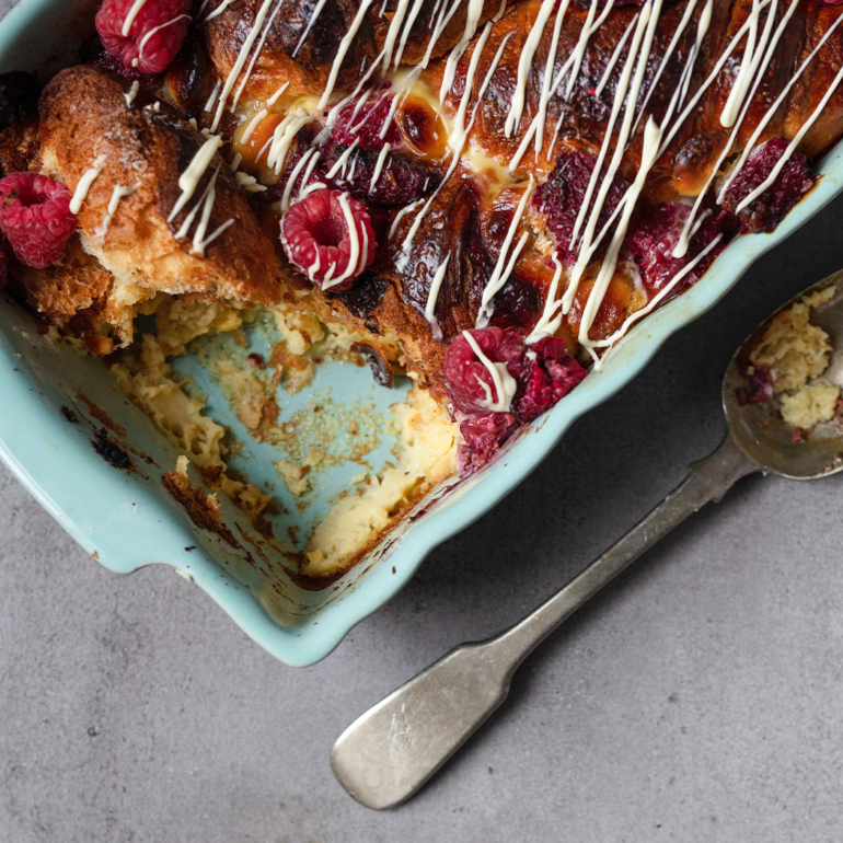White chocolate and raspberry croissant pudding