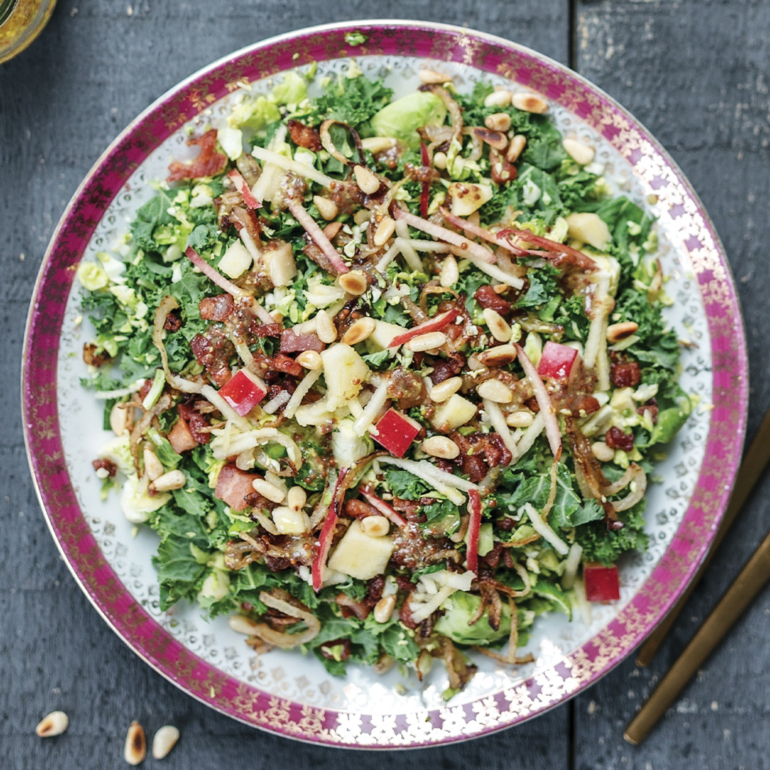 Winter sprout, apple, and bacon salad with honey-mustard vinaigrette