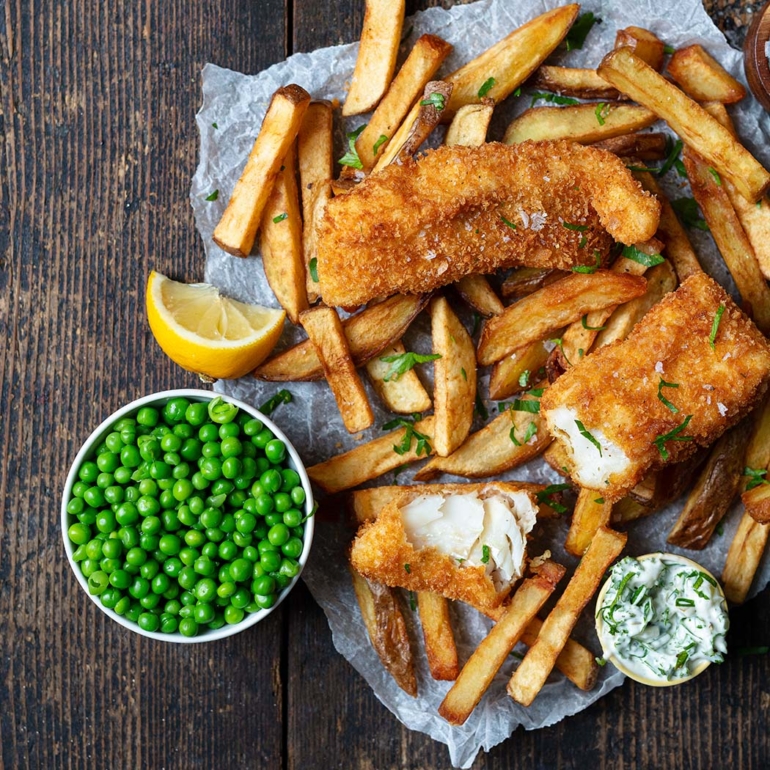 Crispy breaded fish and chips