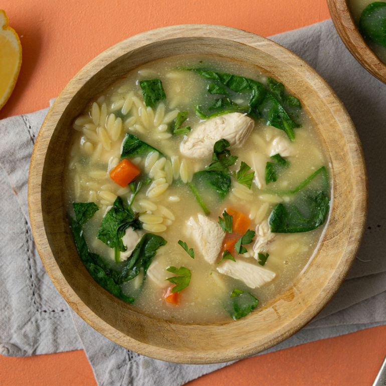Lemon chicken, spinach & orzo soup