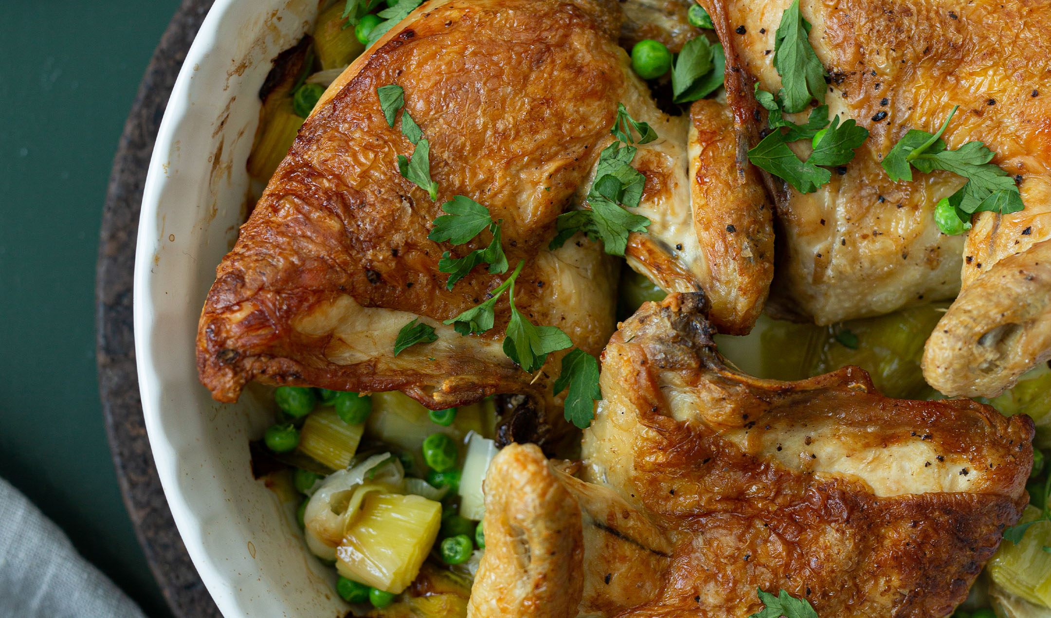 Roast chicken with peas and leeks banner