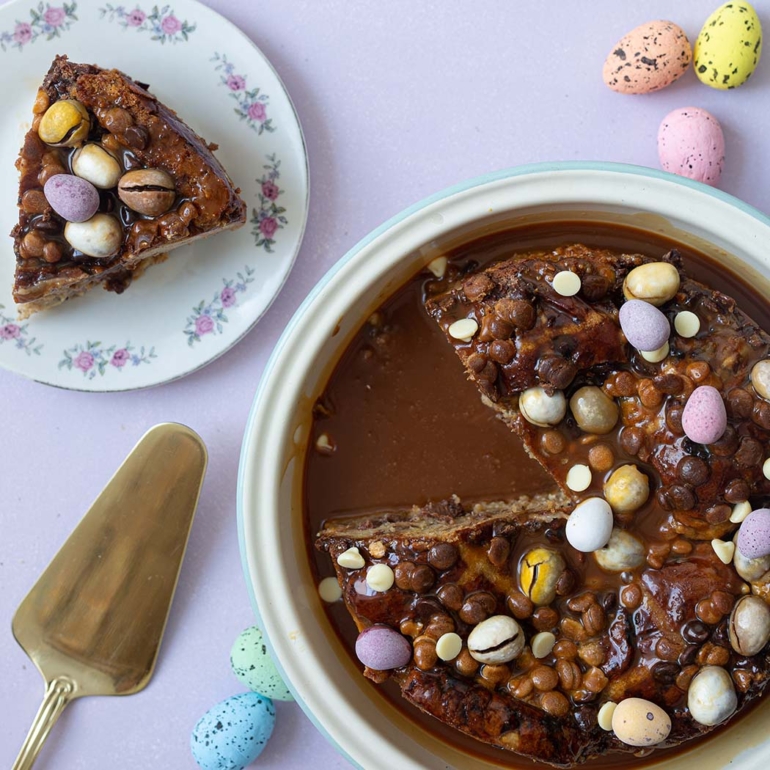 Hot cross bun pudding with white chocolate butterscotch