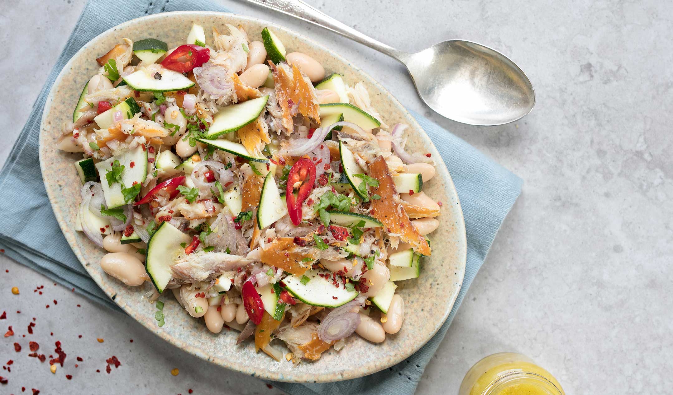 Courgette, cannellini bean and smoked mackerelsalad