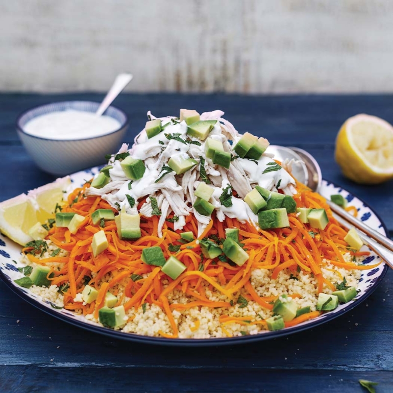 Curried carrot couscous chicken salad with lemon yoghurt