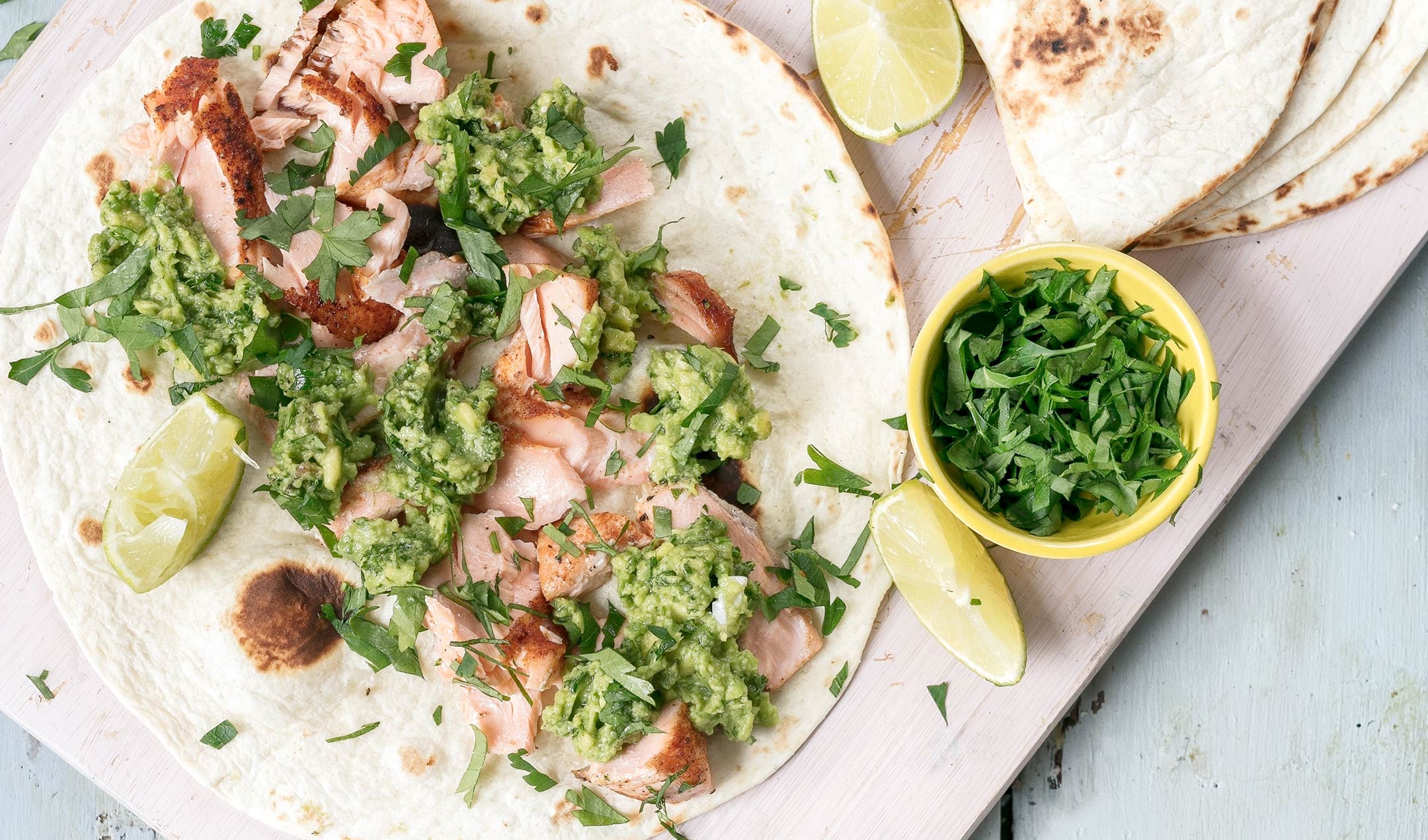 Easy salmon tacos with avocado gremolata