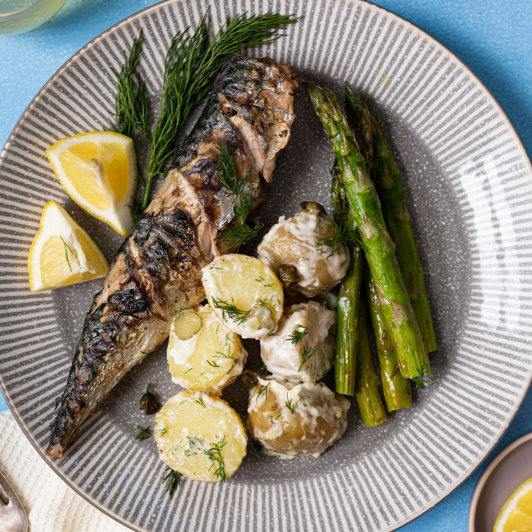 Grilled mackerel, new potato salad and asparagus 