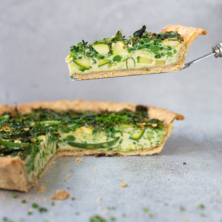 Super green quiche with cheesy pastry