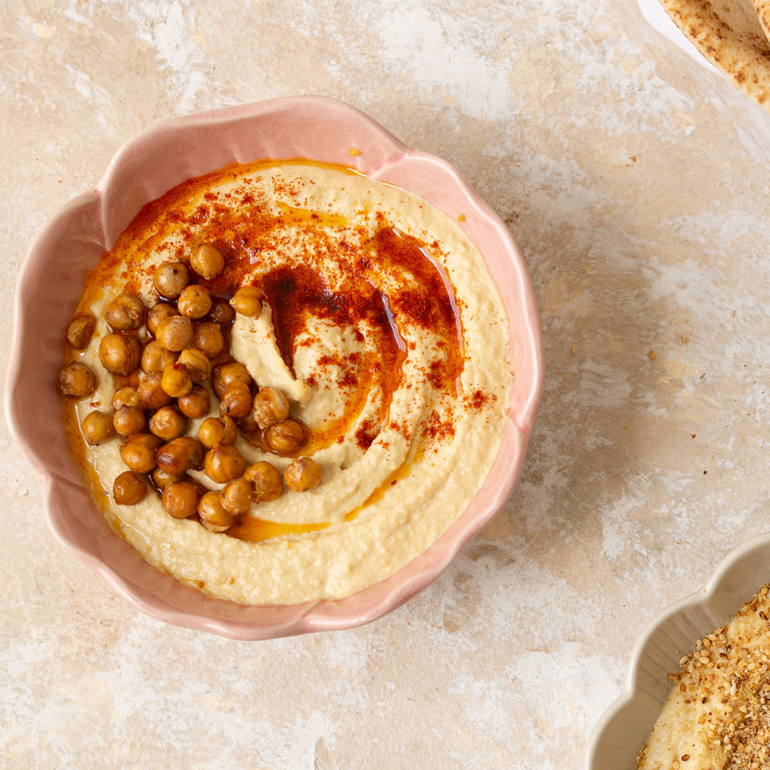 Hummus with chilli oil and crispy chickpeas