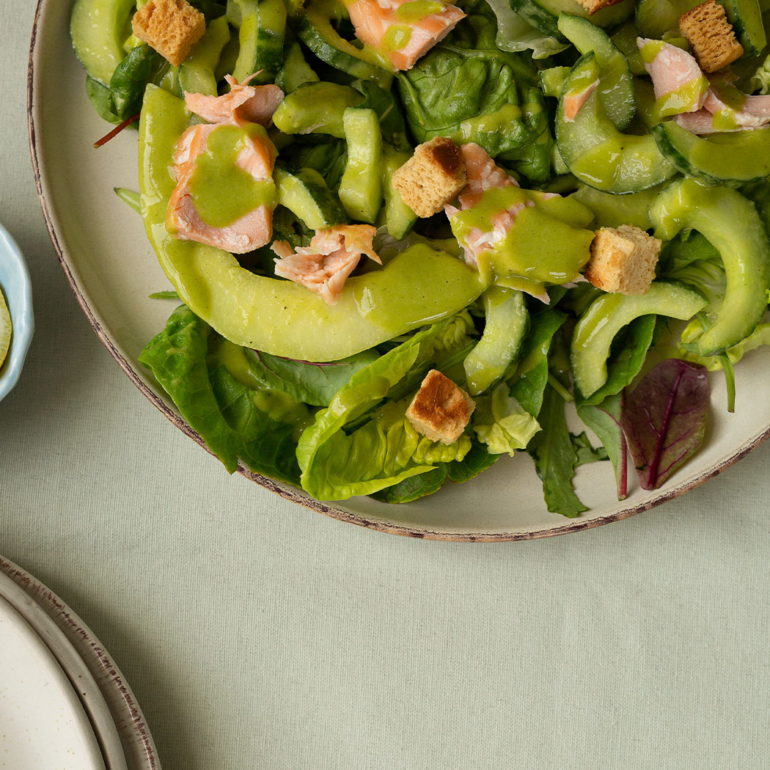 Salmon, cucumber and melon salad with green shallot dressing