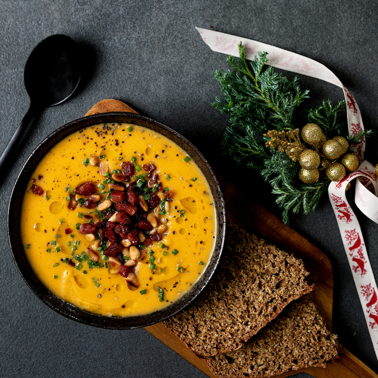 Roasted squash soup with crispy pancetta and pine nuts