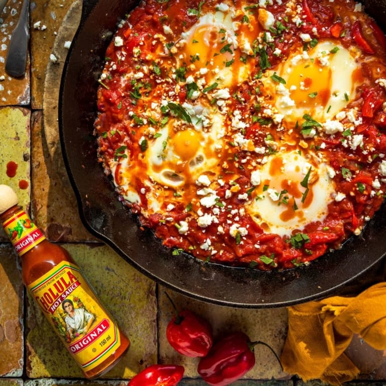 Mexican-Style Shakshuka with Cholula, Feta & Warm Corn Tortillas